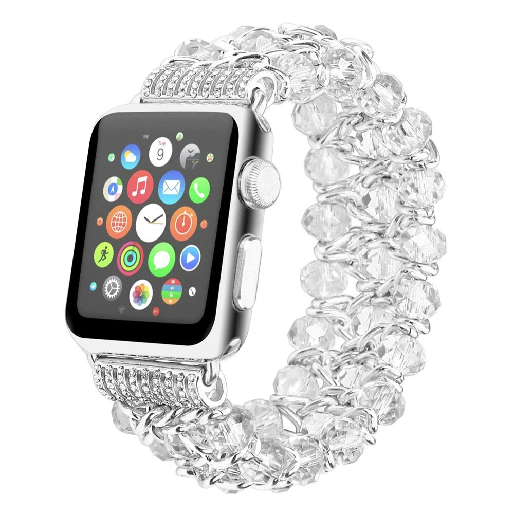 Blue Crystal Strap for Apple Watch Bracelet 38mm 40mm 42mm 44mm Beads Iwatch SE 6 5 4 3 Band with Metal Chain Women Girl Elastic