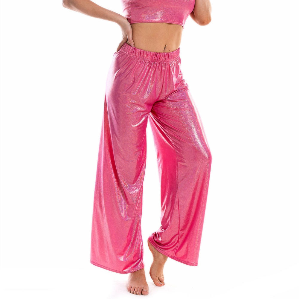 Summer Shiny Women Wide Leg Pants Elastic Waist Loose Casual Metallic Trousers Femme Long Straight Pants Streetwear