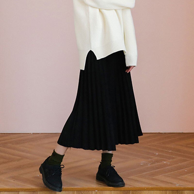 Women Black High Waist Pleated Skirts Korean Simple Style All-match Ladies A-line Long Skirt
