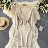 Autumn Winter Elegant Vintage Sexy Knitted Bodycon Dress Square Neck Long Sleeve Button Mini Dress