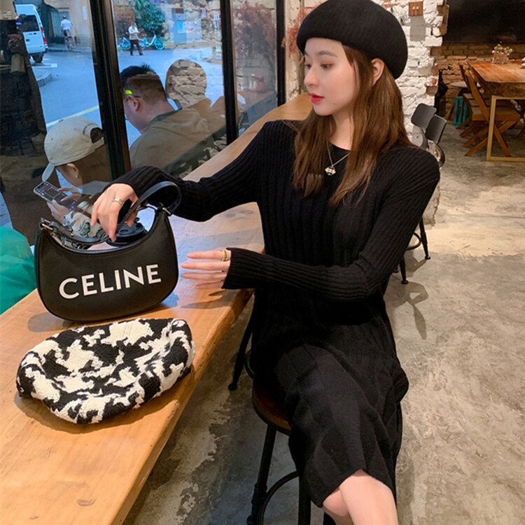 Autumn Winter O-neck Twisted Long Knit Dress Women Casual Loose Thick Sweater Dress Female Knitted Vestidos