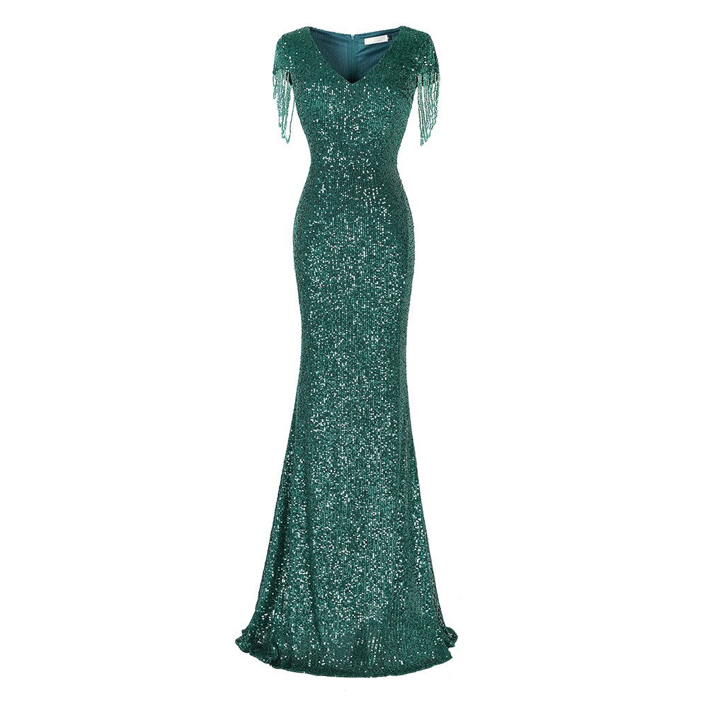 V-neck Sequins Evening Dress Women Elegant Beaded Long Evenning Party Dress Mermaid Formal Dresses