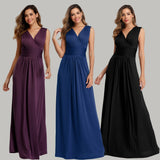 Soft Stretching comfort Diamonds Cotton-Fabric V-neck Sleeveless Open Back Pleated Cocktail Dress Pure Color Formal Party Gowns