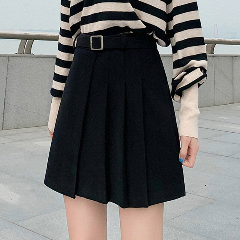 Ladies Elegant A-line Pleated Skirt Korean Style Vintage Woolen All-match Women Casual Mini Skirts With Belt
