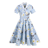 Notched Collar Daisy Elegant 1950s Vintage Belted Midi Short Sleeve Button Front Floral Swing Dress
