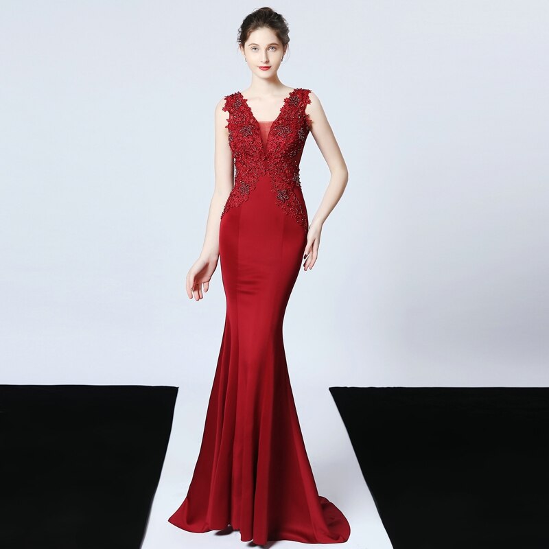 Green V-neck Appliques Beading Long Satin Evening Dress See-through Back Elegant Evening Party Dress