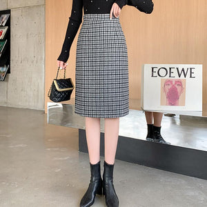 Ladies Elegant Knee-length Pencil Skirts Korean Style Vintage Plaid Woolen High Waist Women Casual Skirt