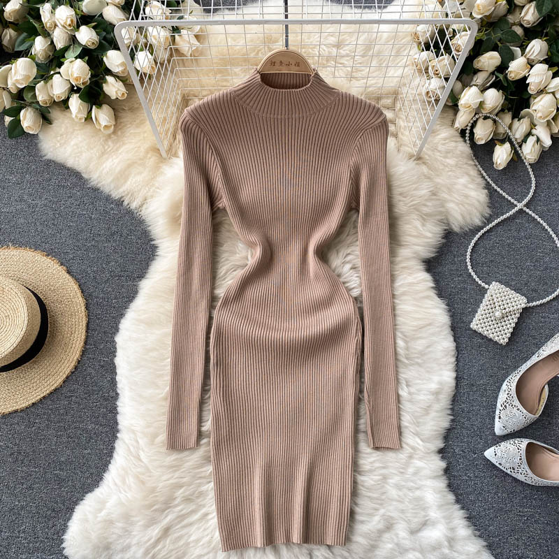 Autumn Winter Women Clothing Mock Neck Long Sleeve Ribbed Knit Sweater Dress Night Club Sexy Mini Knitted Bodycon Dress