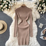 Autumn Winter Women Clothing Mock Neck Long Sleeve Ribbed Knit Sweater Dress Night Club Sexy Mini Knitted Bodycon Dress
