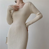 Autumn Winter Elegant Square Neck Long Sleeve Warm Ribbed Knitted Dress Sexy Bodycon Midi Dress