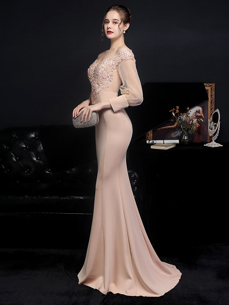 Elegant Champagne Satin Appliques Beading Evening Long Sleeve Dress