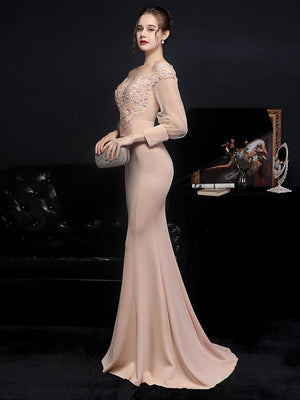 Elegant Champagne Satin Appliques Beading Evening Long Sleeve Dress