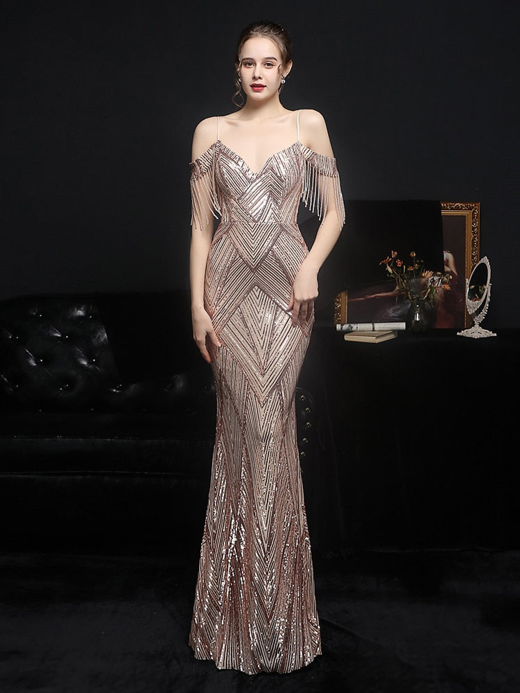 Women Gold Sequin Party Dress Strap Maxi Dress Sexy V Neck Beading Evening Dress