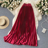 High Waist Long Women Elegant Office Lady Metallic Satin Maxi Pleated Skirt