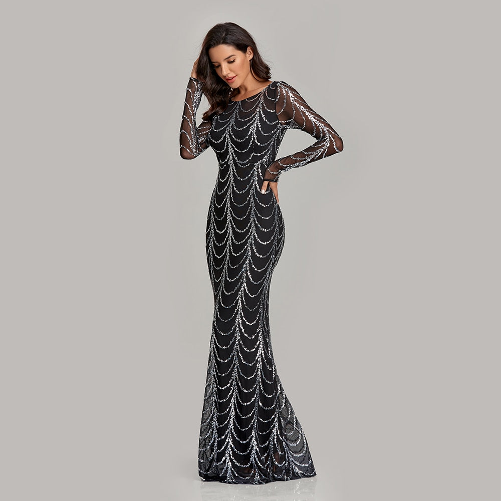 Autumn Winter O-Neck Wave Sequins See Though Women Maxi Dresses Elegant Long Sleeve Female Party Dresses Black Silver Pink