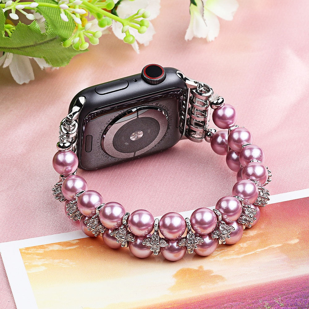 Elegant Watchband Compatible for Apple Watch Band 38mm 40mm 42mm 44mm Pearls Beaded Stretch Bracelet Watch Strap Bands for Women