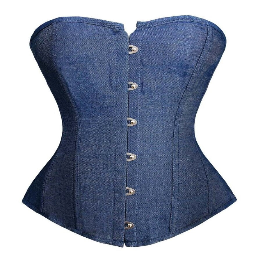 Women Sexy Blue Denim Buckle Overbust Corset Gothic Strapless Retro Corsets Waist Cincher Bustier Sexy Lingerie Top Plus Size