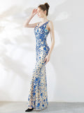 Elegant Mermaid Evening Dress Sleeveless Sequins Robe De Soriee V-neck Tulle Prom Gown Beads Formal Dress