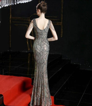 Sexy Slit Sequins Long Evening Dress Womens V-neck Beading Evening Party Dress
