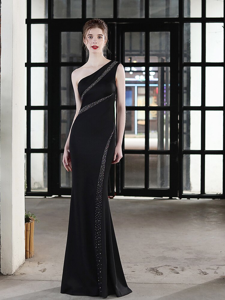 One Shoulder Mermaid Evening Dress Floor Length Robes Women Formal Vestidoes Sleevless Beading Robe De Soriee
