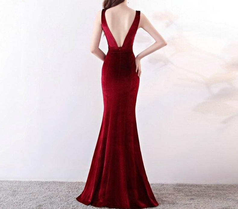 New V-neck Beading Long Evening Dress Sexy Backless Velour Evening Party Dress