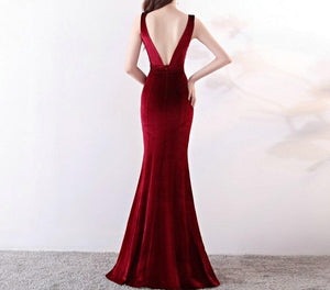 New V-neck Beading Long Evening Dress Sexy Backless Velour Evening Party Dress