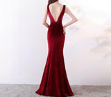 New V-neck Beading Long Evening Dress Sexy Backless Velour Evening Party Dress