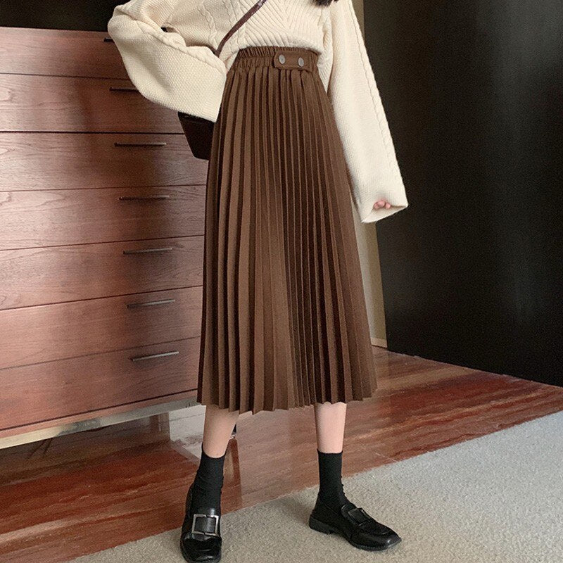 Women Casual Pleated Skirts Spring Korean Style All-match Vintage Woolen Ladies High Waist A-line Long Skirt