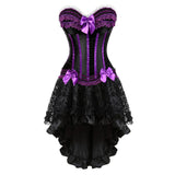 Gothic Sexy Lace Corset Dress Women Victorian Vintage Striped Bow Satin Corset Bustier Top With Asymmentrical Floral Skirt Set