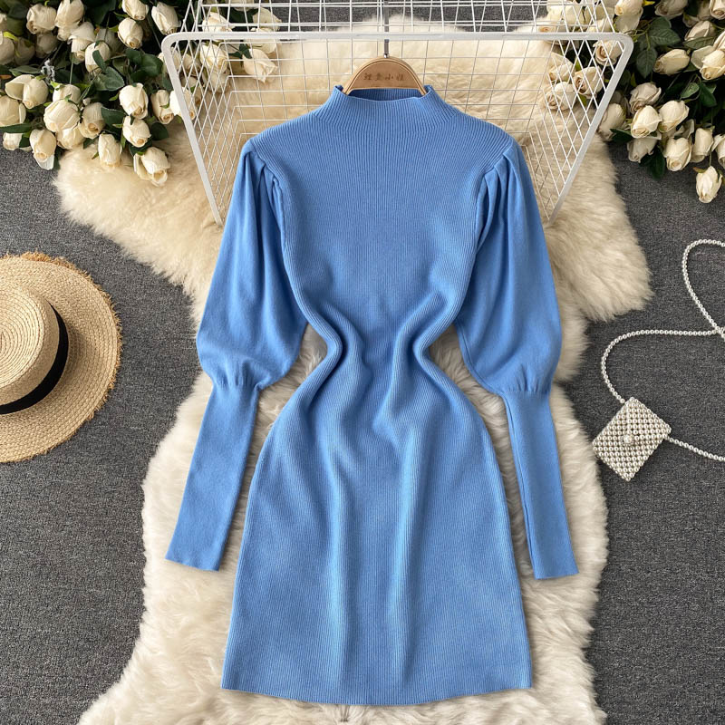 Autumn Winter Mini Dresses For Women Elegant Mock Neck Puff Sleeve Kni   jetechband