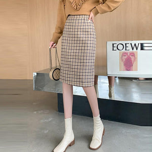 Ladies Elegant Knee-length Pencil Skirts Korean Style Vintage Plaid Woolen High Waist Women Casual Skirt