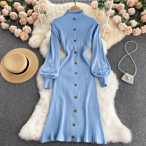 Autumn Winter Mock Neck Ribbed Sweater Dress Women Long Lantern Sleeve Front Button Elegant Knitted Bodycon Midi Dress