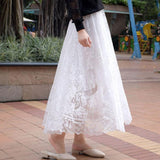 Long Boho Vintage Lace Pleated Korean Summer Solid White A-Line Maxi Skirt