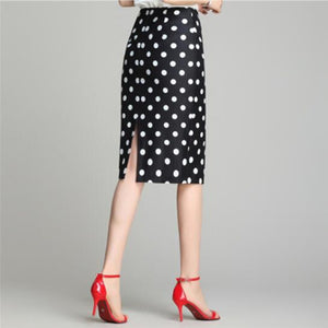 Vintage Black White Stretch Pencil Women Office Lady Formal Polka Dot Midi Skirts Elegant Package Hip Skirts