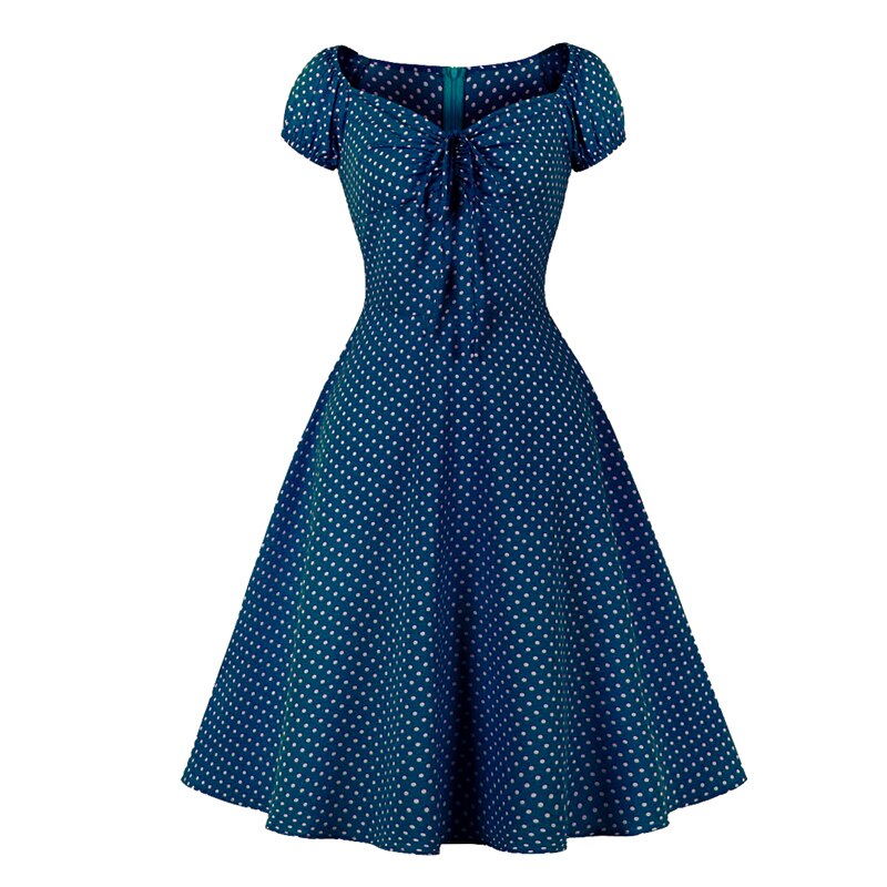 Tie Sweetheart Neck Polka Dot Vintage Women Summer Dress 2021 High Waist Retro Female A Line Swing Casual Dresses 1950s Style