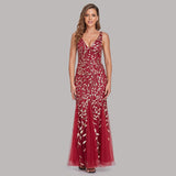 Silver Gray Elegant Fashion Evening Dresses Sexy Simple V Collar Open Back Sleeveless Embroidered Beads Fishtail Dress Gown