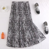 Summer High Waist A-Line Pleated Long Vintage Women Elegant Leopard Snake Printed Maxi Skirt