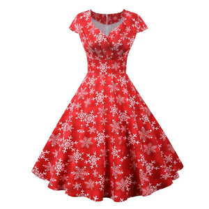 Snowflake Print Red V Neck Wrap High Waist Vintage Robe Women Christmas Gift Cap Sleeve Elegant Party Dress Plus Size
