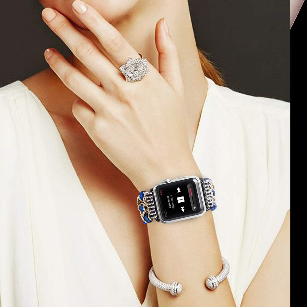 Blue Crystal Strap for Apple Watch Bracelet 38mm 40mm 42mm 44mm Beads Iwatch SE 6 5 4 3 Band with Metal Chain Women Girl Elastic