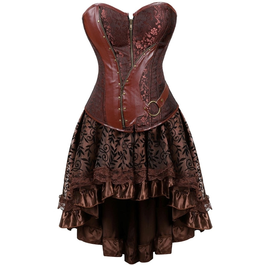 Steampunk Floral Corset Dress Women Gothic PU Leather Corset Bustier With Burlesque Skirt Set Halloween Pirate Costume Brown