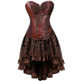 Steampunk Floral Corset Dress Women Gothic PU Leather Corset Bustier With Burlesque Skirt Set Halloween Pirate Costume Brown