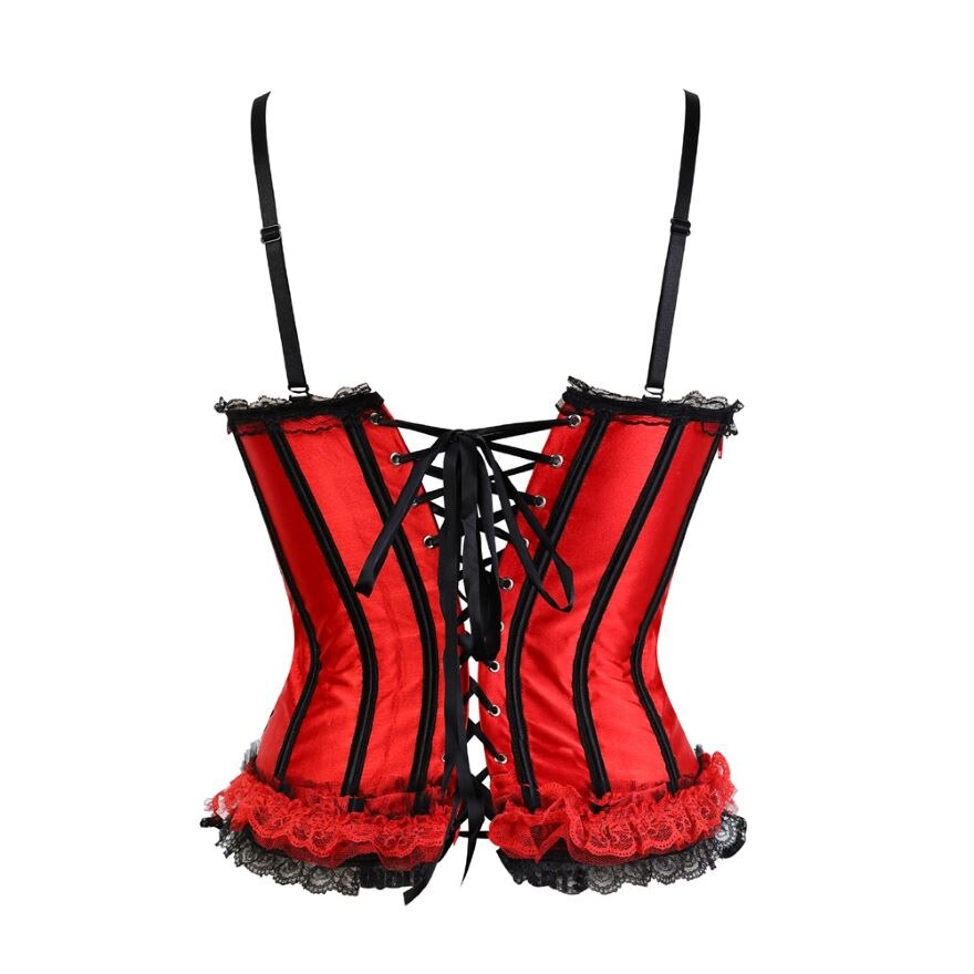 Women Sexy Satin Striped Lace Overbust Corset Bow Cup Straps Corset Zipper Side Waist Cincher Corsets Bustiers Lingerie Top