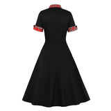 Contrast Tartan Collar and Cuff 1950s Vintage Black Midi Dress Rockabilly Button Up Elegant Women 95% Cotton Swing Dresses