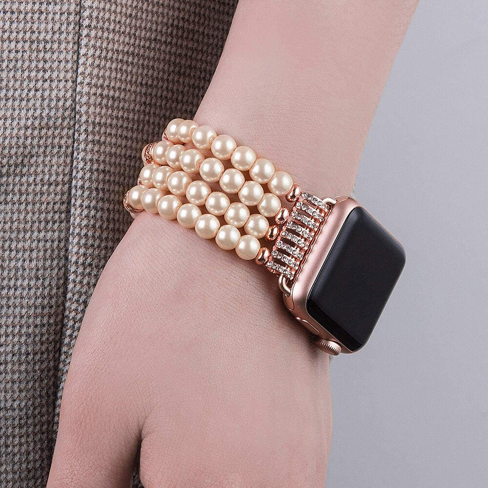 Handmade Beaded Bracelet for Apple Watch Band 38mm 40mm 42mm 44mm Iwatch Series 5/4/3/2/1 Elastic Stretch Pearl Straps Bling Red