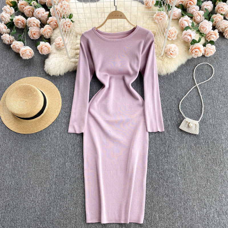 Autumn Winter Sweater Dress Elegant Knitted Bodycon Dress Women Round Neck Long Sleeve Casual Knee Length Midi Dress