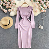 Autumn Winter Sweater Dress Elegant Knitted Bodycon Dress Women Round Neck Long Sleeve Casual Knee Length Midi Dress