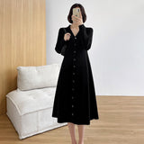 Autumn Winter Women's Long-Sleeved Sweater Outwear Cardigan Suit Collar Singles Breasted Knitted A-line Dress