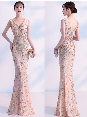 Elegant Mermaid Evening Dress Sleeveless Sequins Robe De Soriee V-neck Tulle Prom Gown Beads Formal Dress