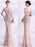 Elegant Mermaid Evening Dress Sleeveless Sequins Robe De Soriee V-neck Tulle Prom Gown Beads Formal Dress
