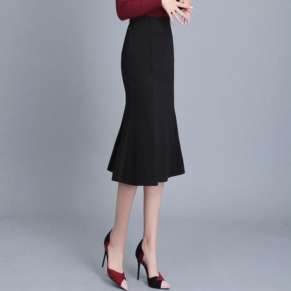 Women Solid Black High Waisted Summer Long New Elegant Ladies Office Skirts